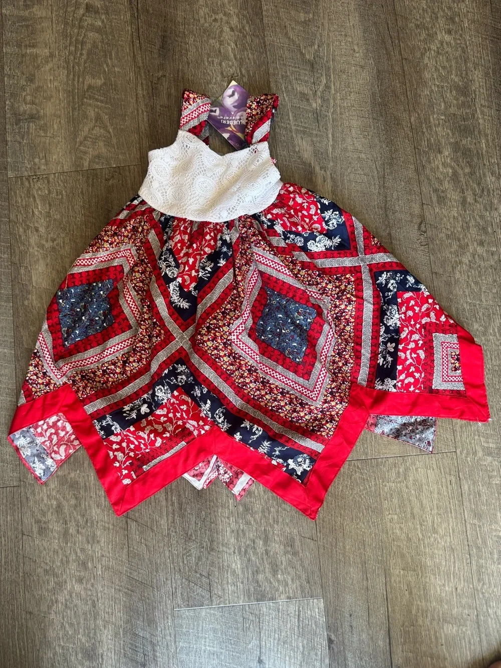 NWT Baby Girls 18M Boho Patchwork Floral Lace Dress Red Navy Vintage/Boho-Style
